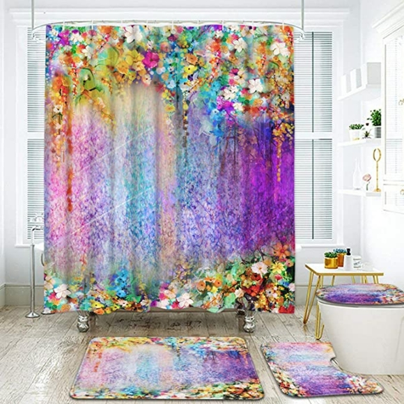 4 Piece Colorful Flower Shower Curtain Set - Picture 2 of 3